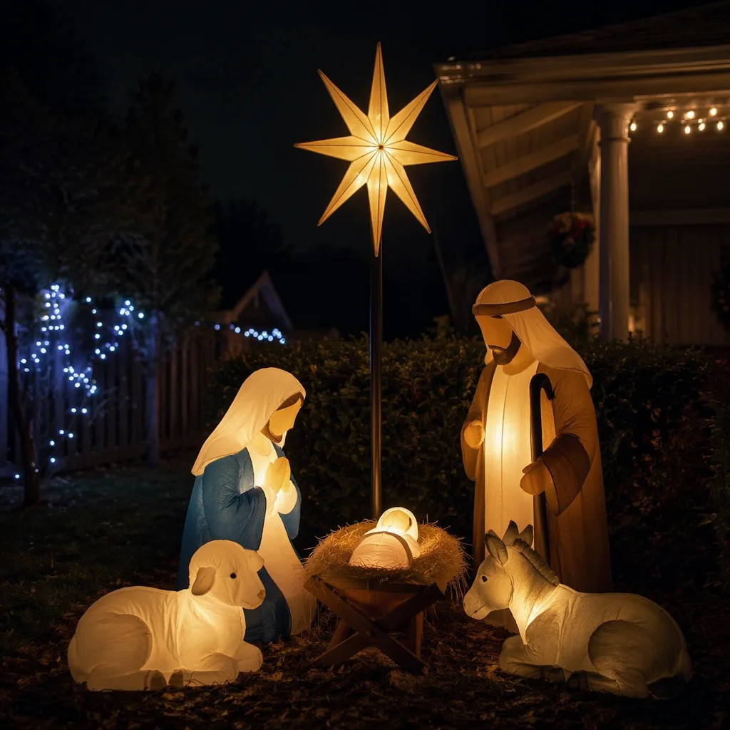 Candlelit Outdoor Christmas Nativity at Night