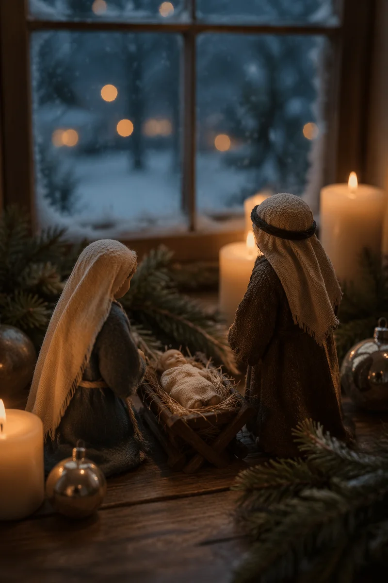 Candlelit Christmas Nativity by Frosted Window