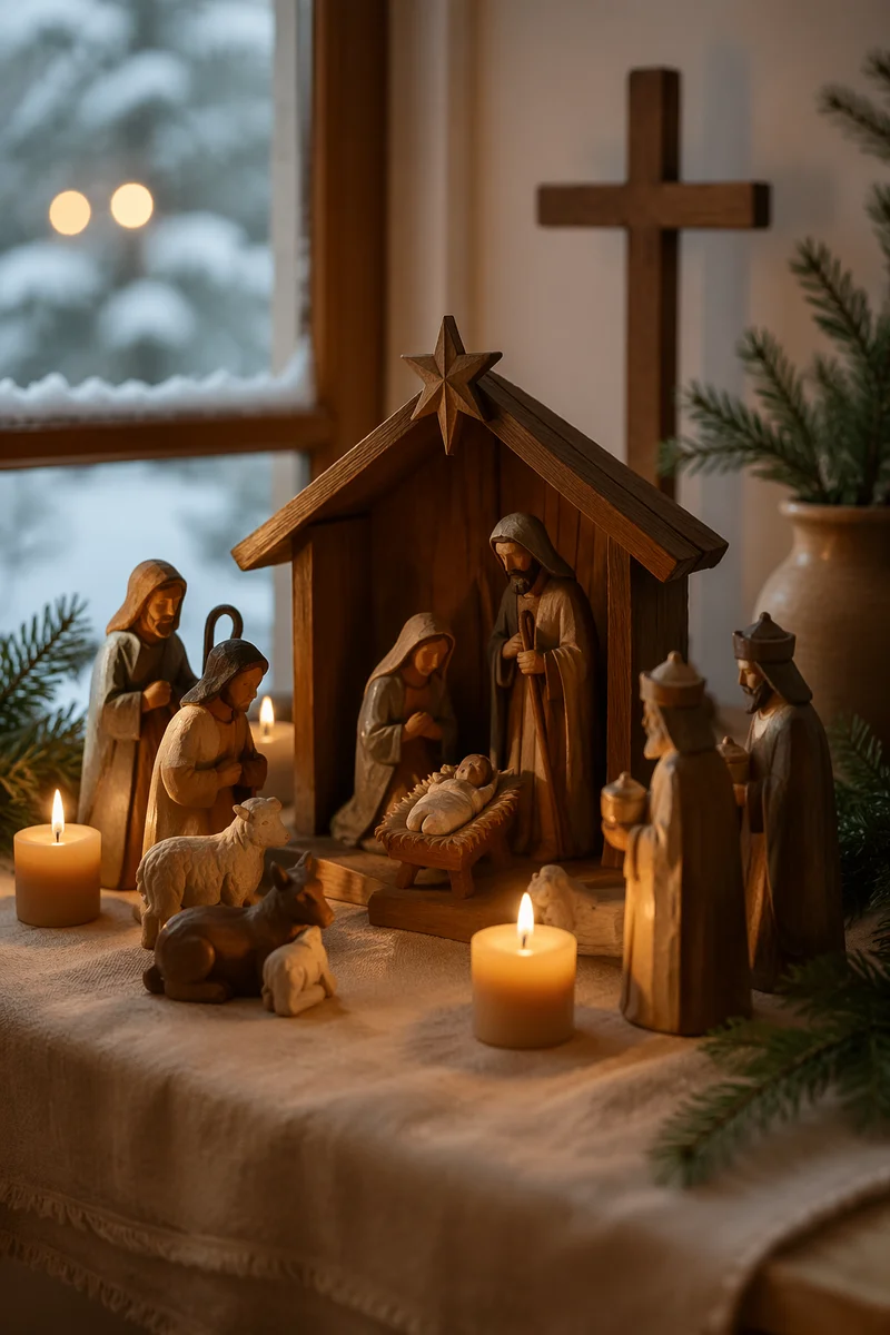 Candlelit Wooden Nativity by Frosted Window