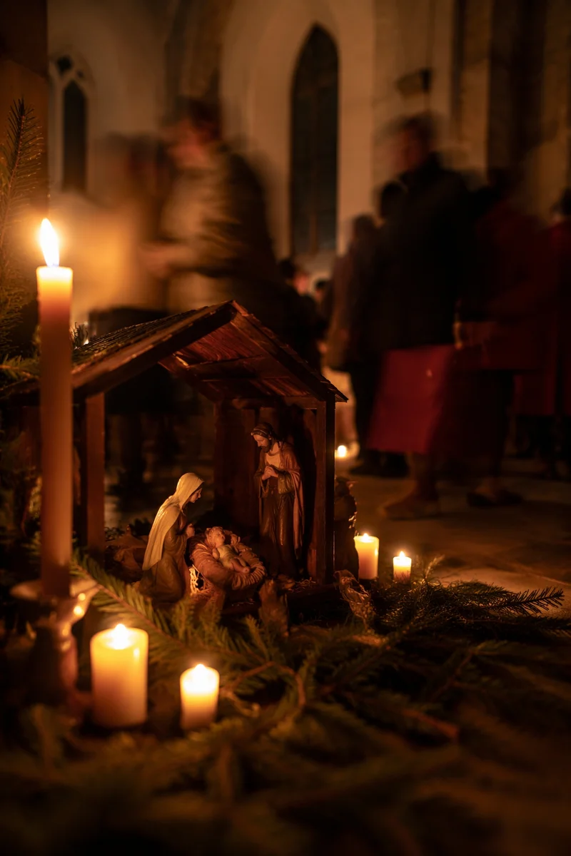 Candlelit Christmas Nativity in Rustic Chapel