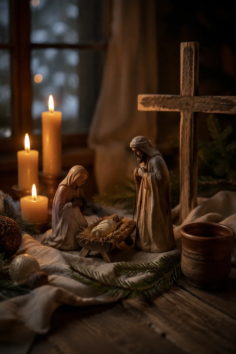 Candlelit Christmas Nativity on Rustic Table