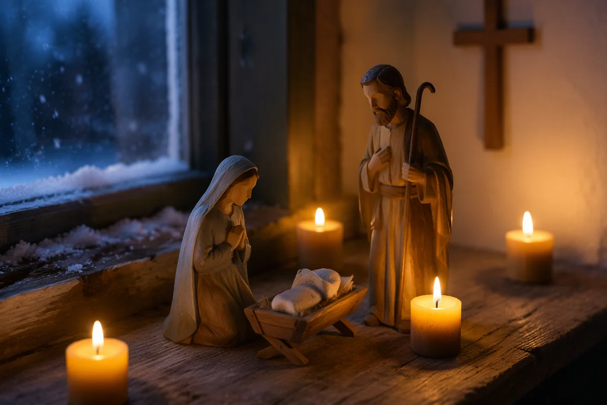 Candlelit Nativity on Rustic Winter Windowsill
