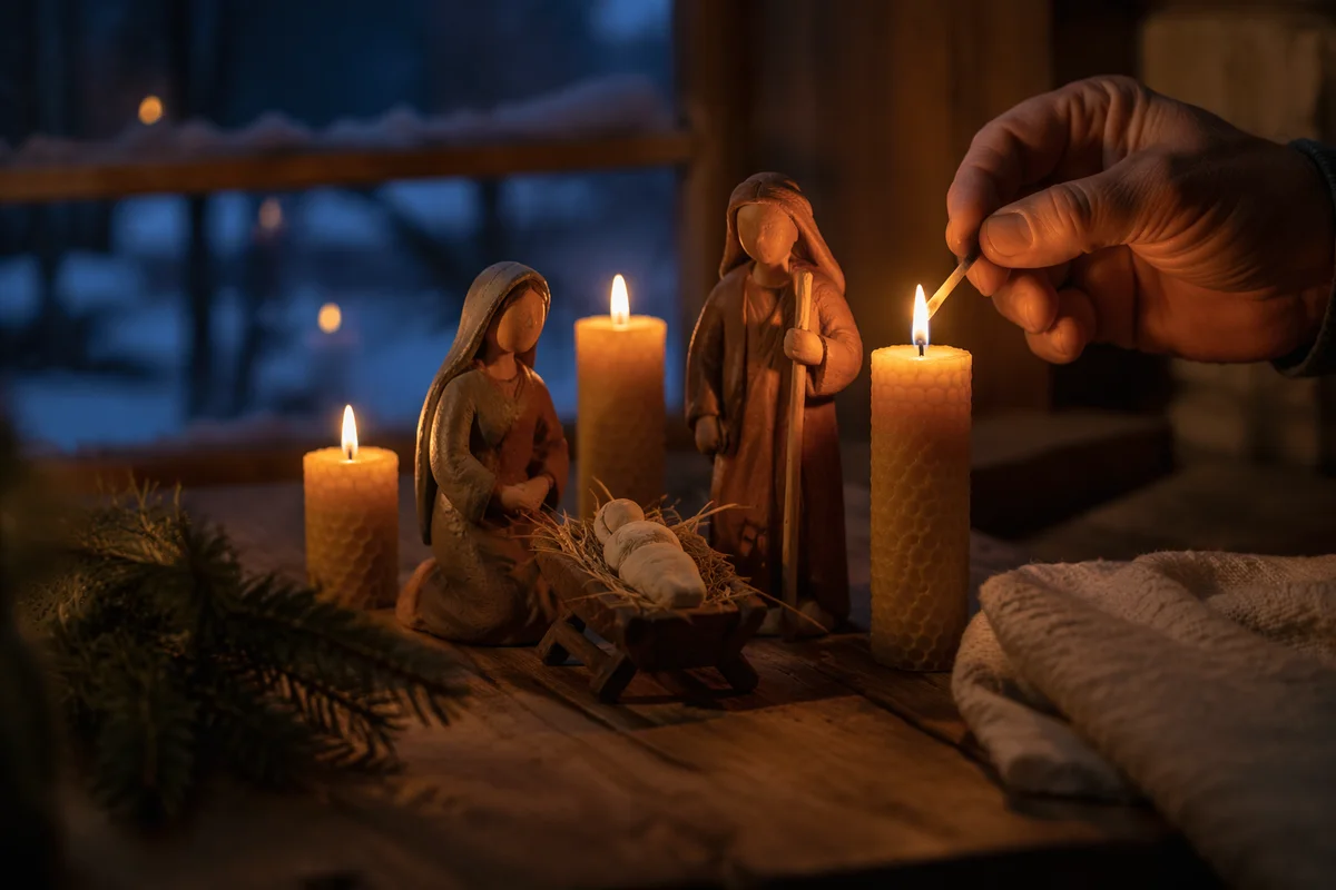 Candlelit Christmas Nativity on Rustic Table