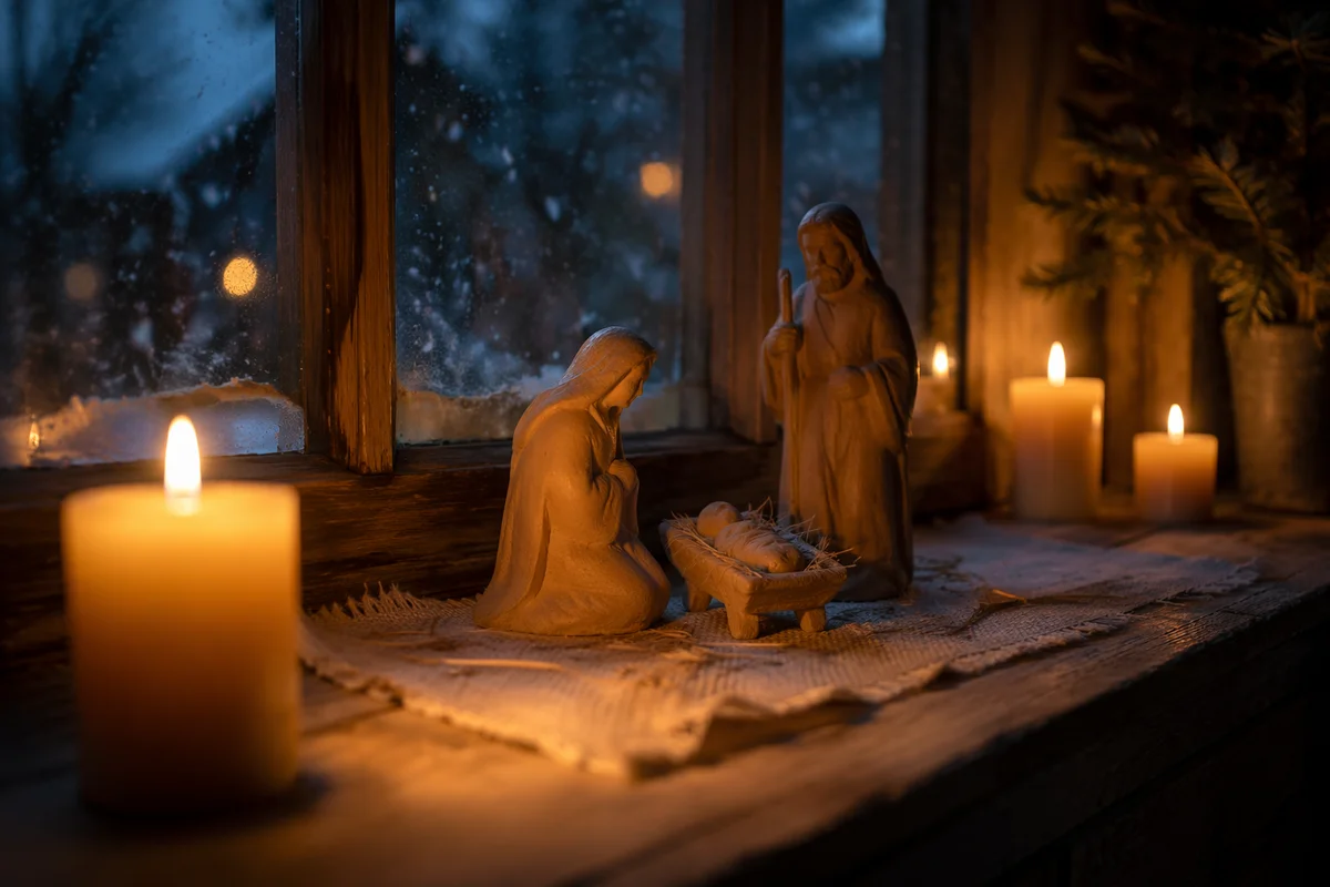 Candlelit Nativity on Winter Windowsill
