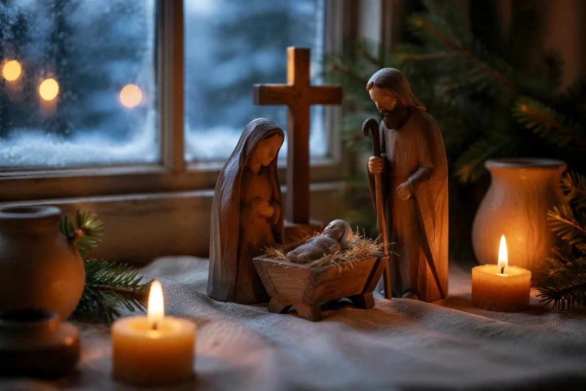 Candlelit Wooden Nativity by Frosted Window