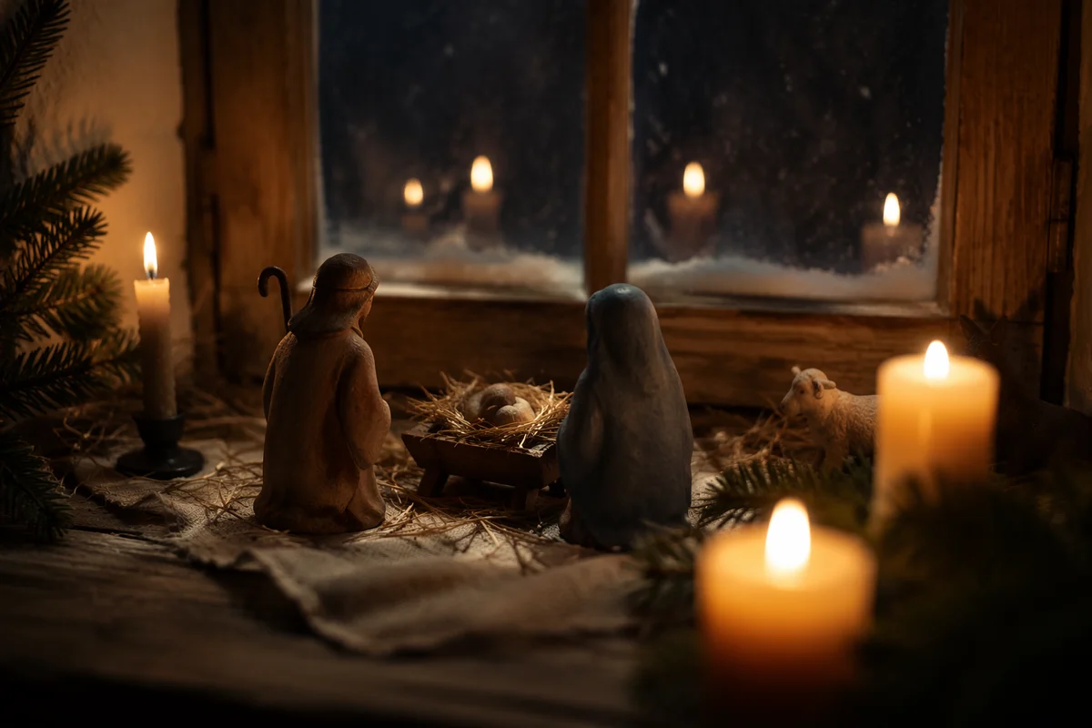 Candlelit Nativity by a Frosted Window