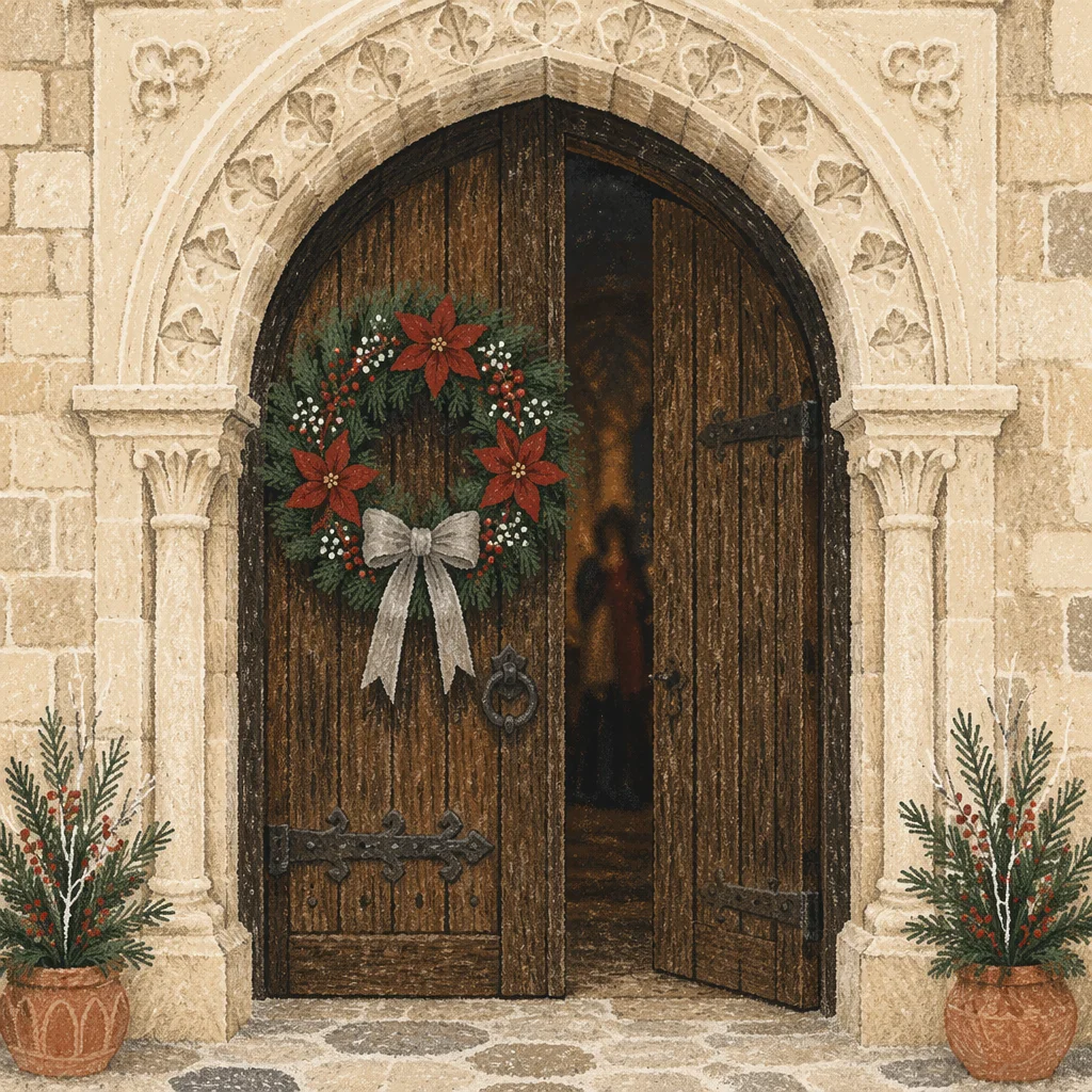 Christmas Wreath on Rustic Church Door