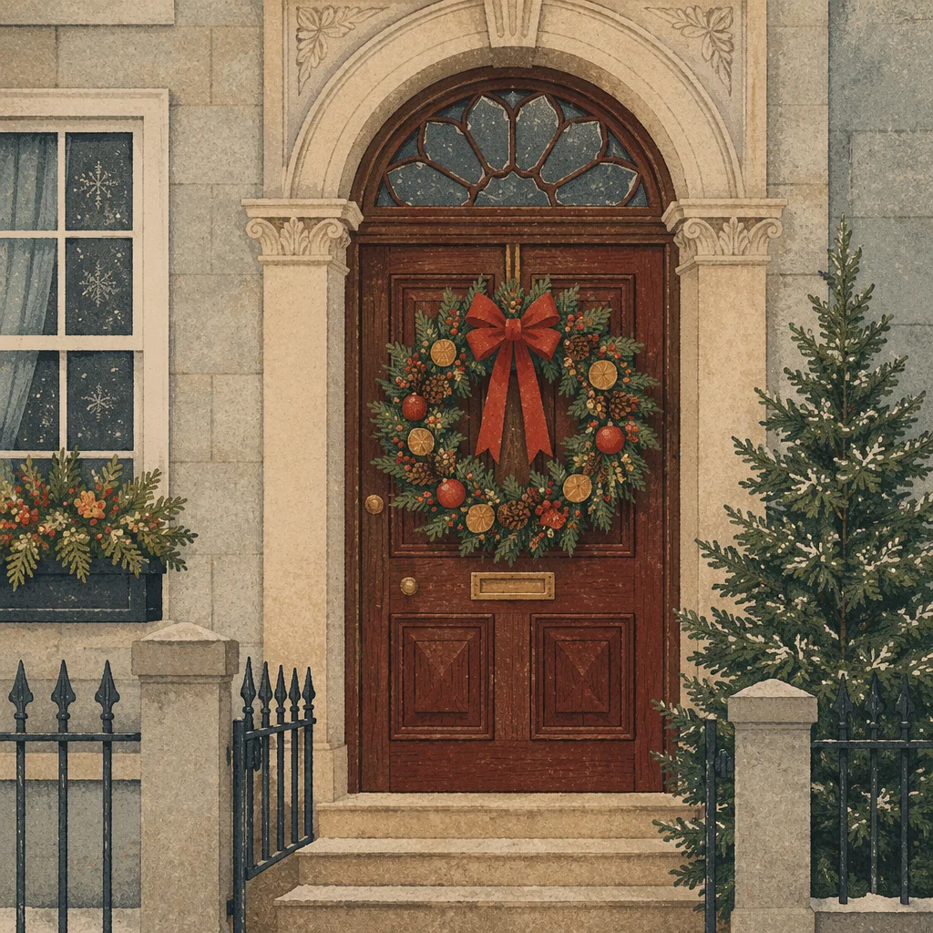 Christmas Wreath on Classic Wooden Door