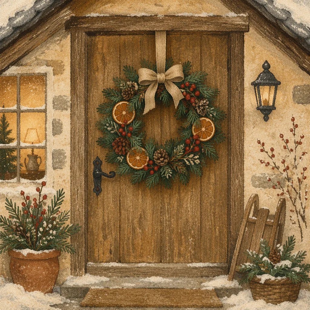 Rustic Christmas Wreath on Cottage Door