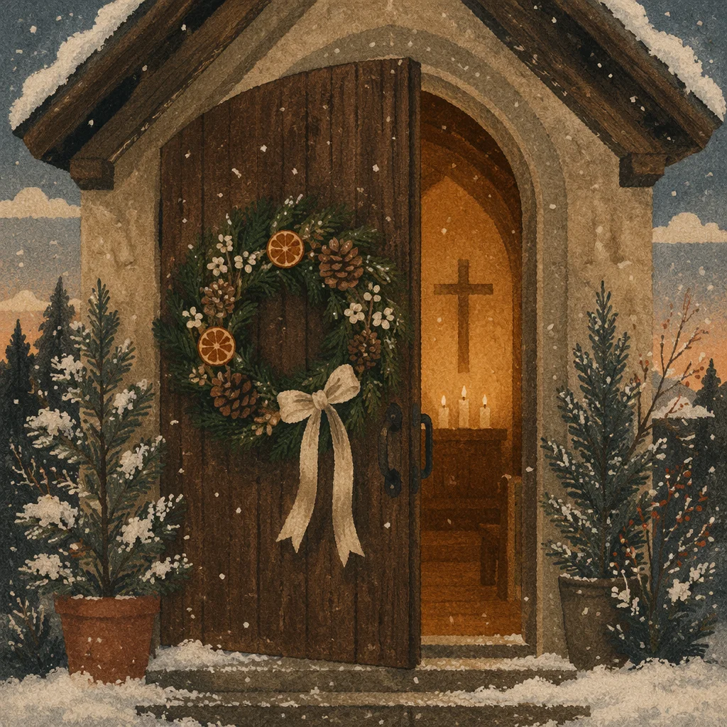 Christmas Wreath on Weathered Chapel Door