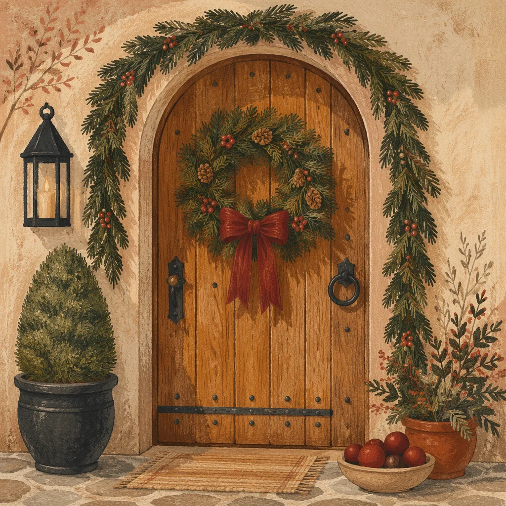 Christmas Wreath on Rustic Wooden Door