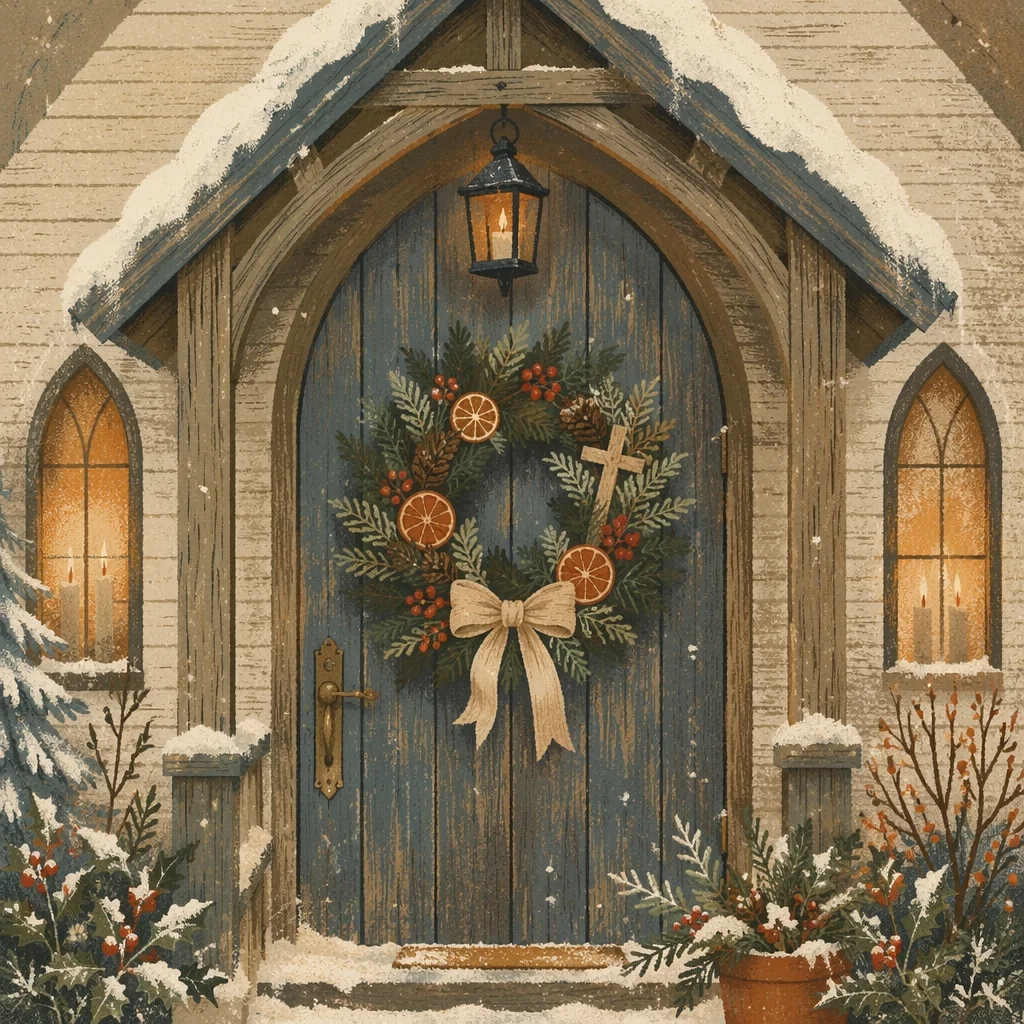 Christmas Wreath on Rustic Chapel Door