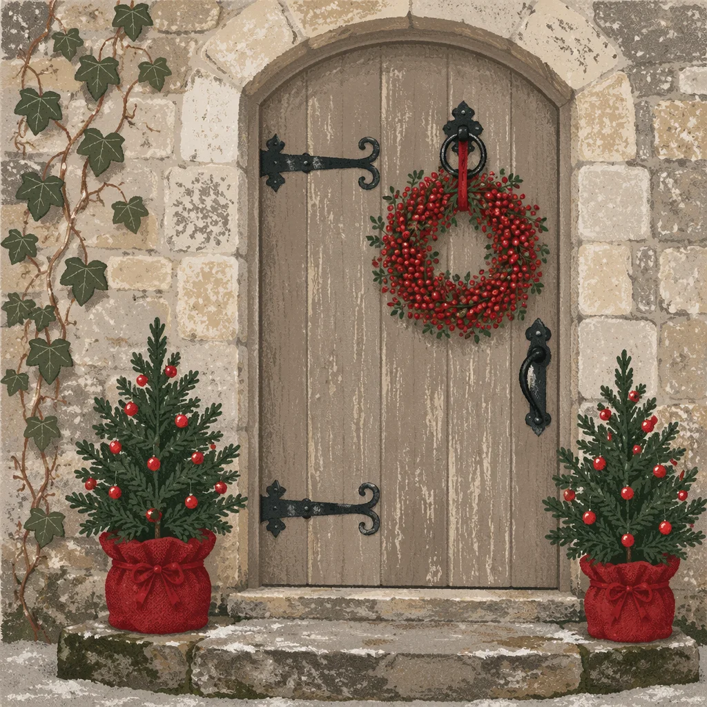 Christmas Wreath on Rustic Cottage Door