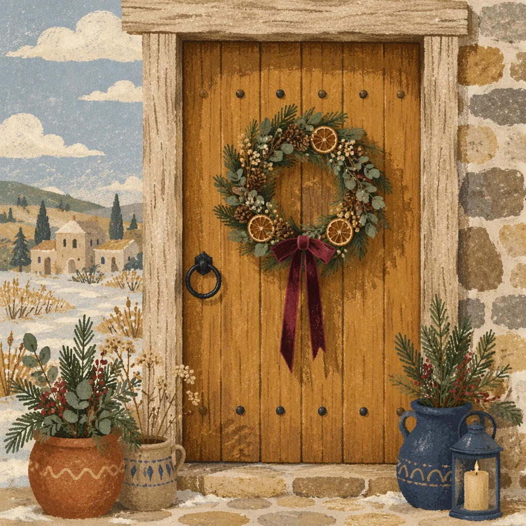 Rustic Christmas Wreath on Wooden Door
