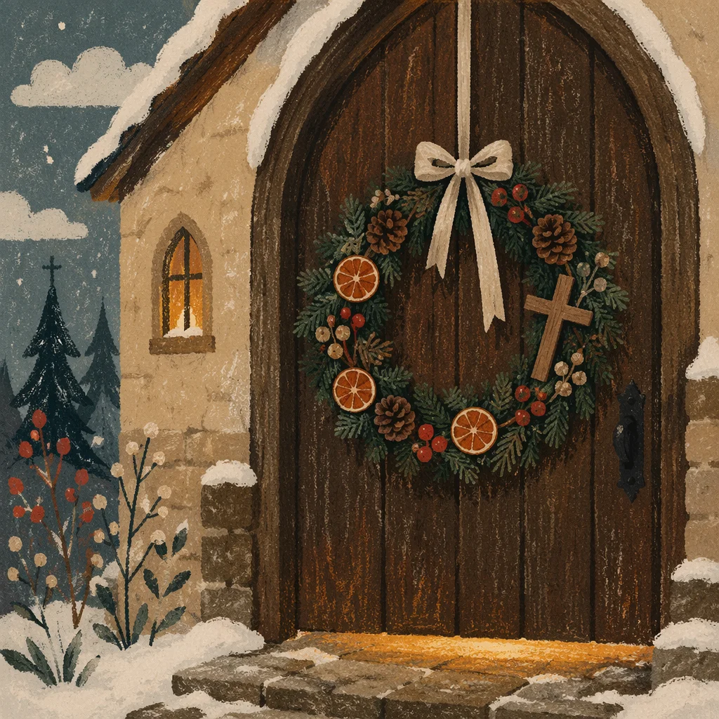 Christmas Wreath on Snowy Chapel Door