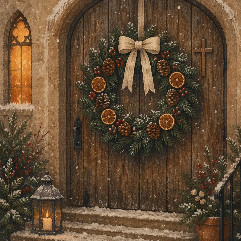 Christmas Wreath on Weathered Chapel Door