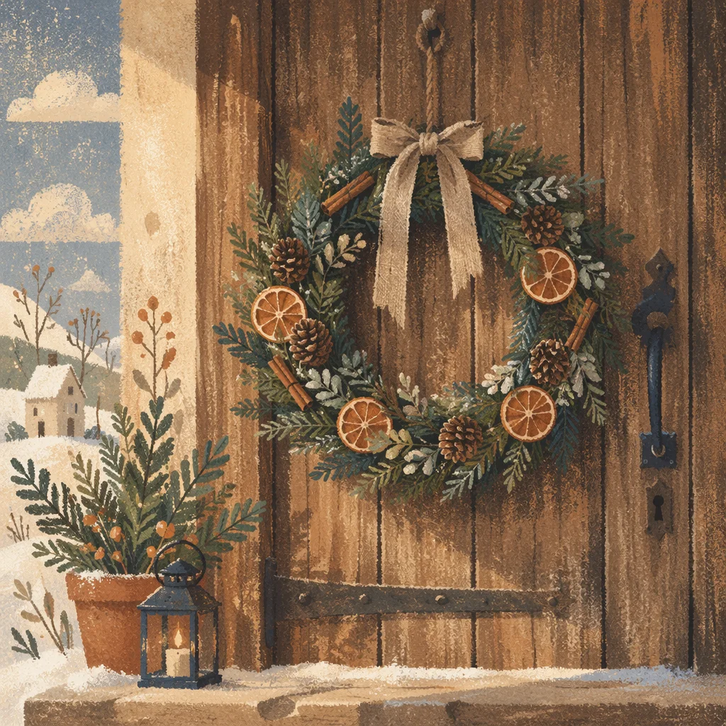 Handmade Christmas Wreath on Rustic Wooden Door