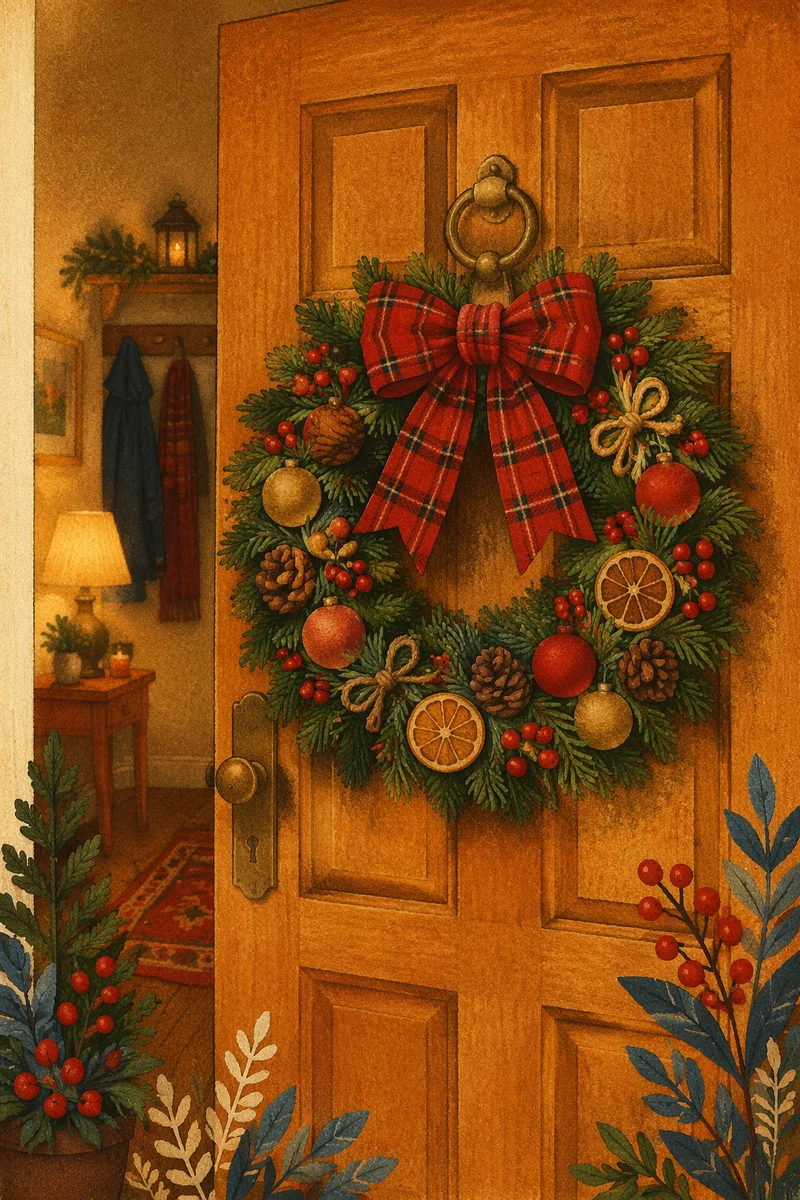 Christmas Wreath on Honey Wooden Door