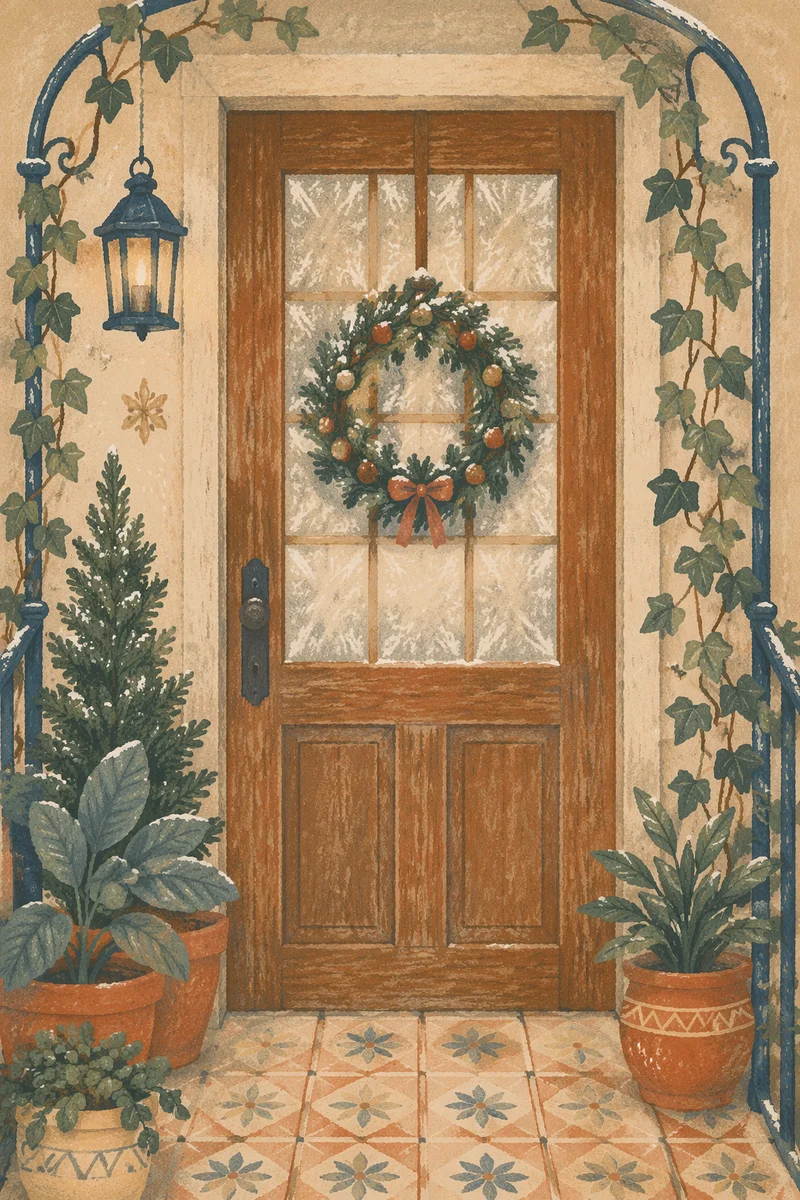 Cozy Christmas Wreath on Wooden Door