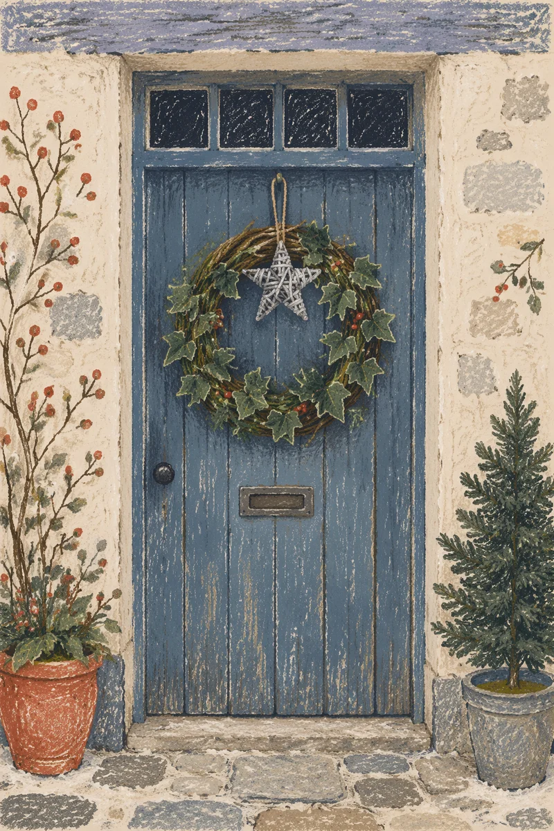 Rustic Christmas Wreath on Blue Wooden Door