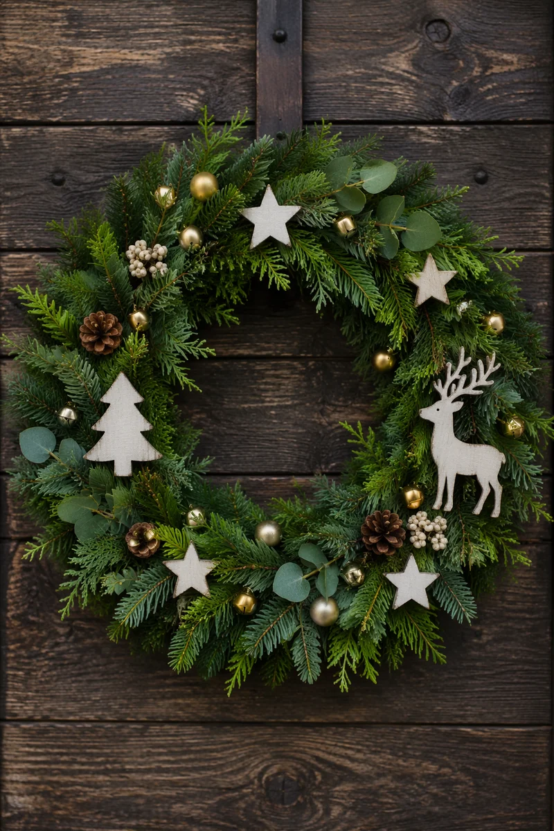 Christmas Wreath on Rustic Wooden Door
