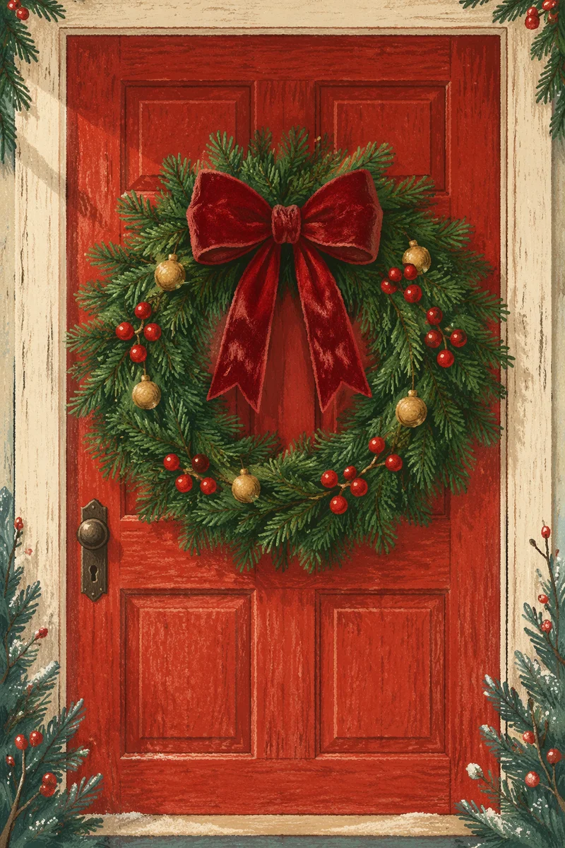 Christmas Wreath on Red Wooden Door