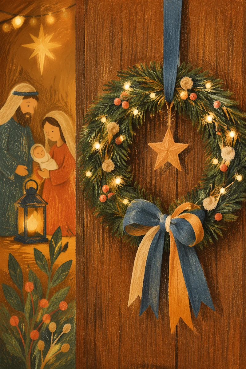 Handmade Christmas Wreath on Rustic Wooden Door