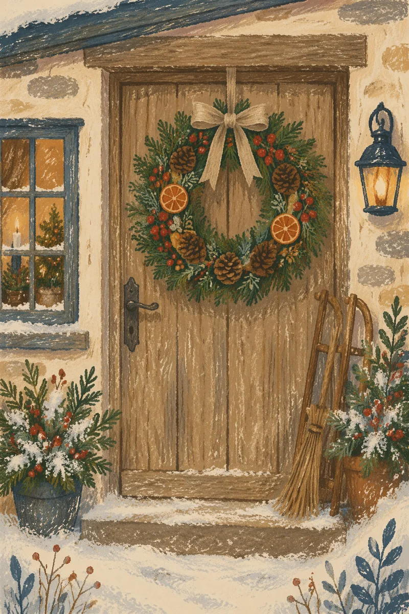 Rustic Christmas Wreath on Cottage Door