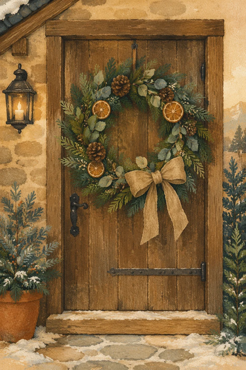 Rustic Christmas Wreath on Cottage Door