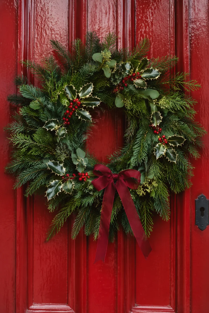 Handmade Christmas Wreath on Red Wooden Door