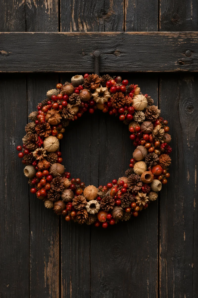 Rustic Christmas Wreath on Weathered Wooden Door