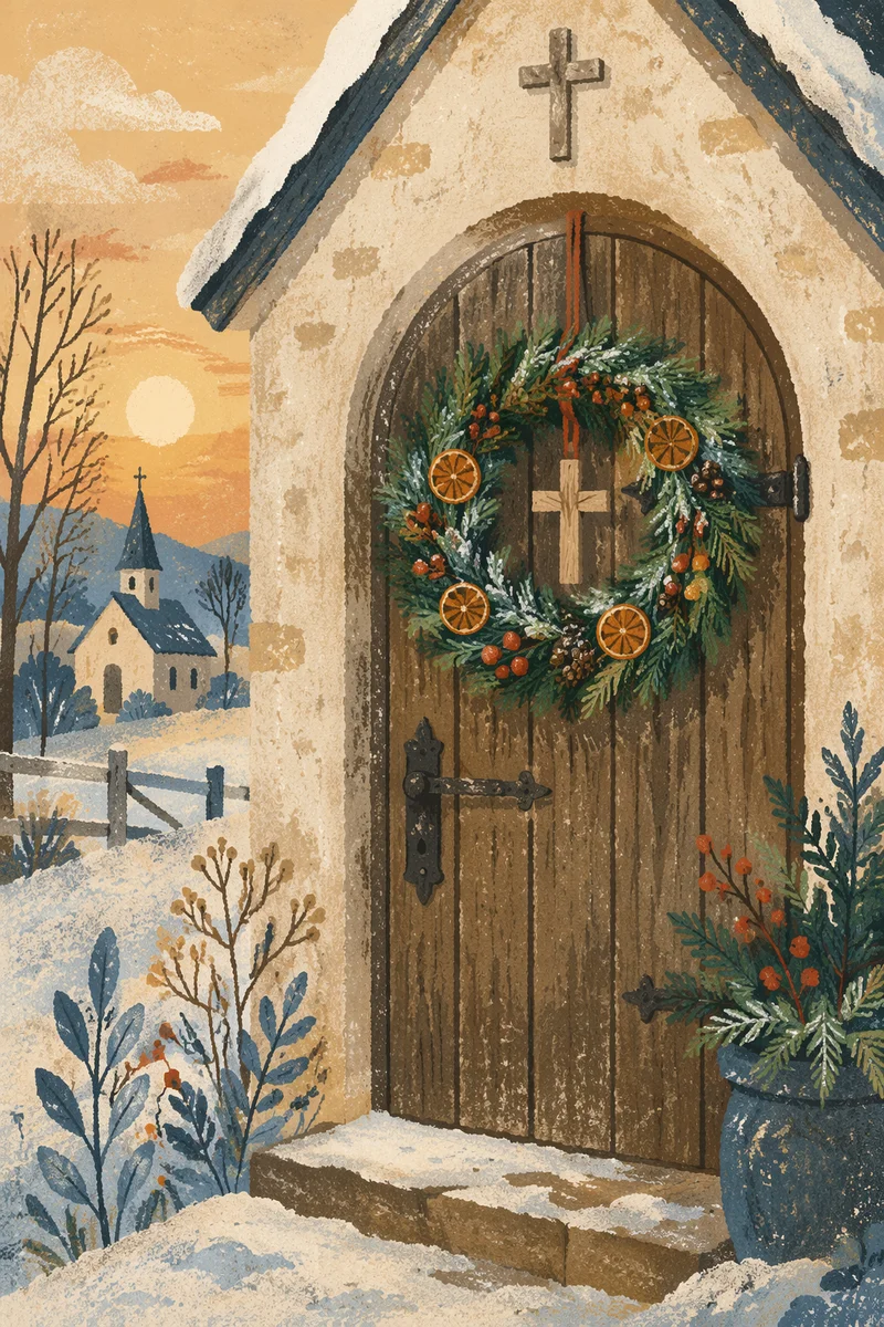 Christmas Wreath on Country Chapel Door