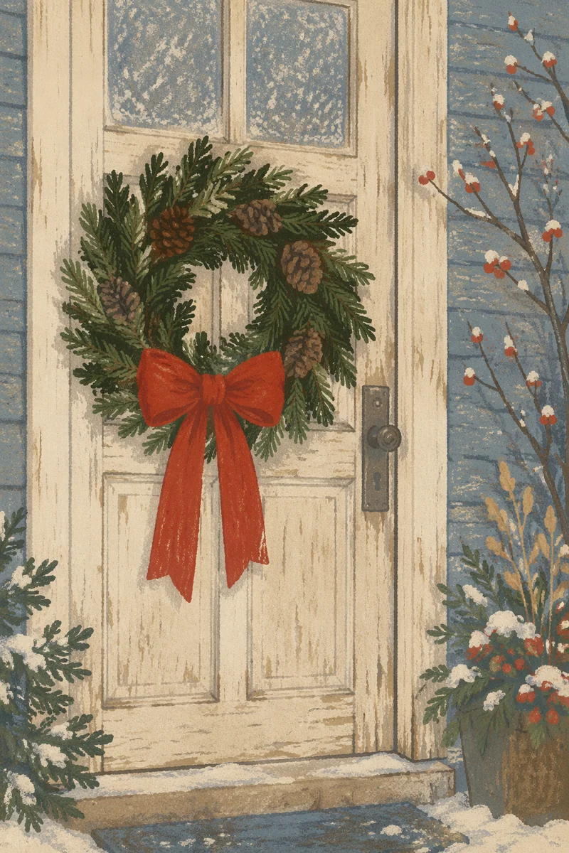 Christmas Wreath on Weathered Wooden Door
