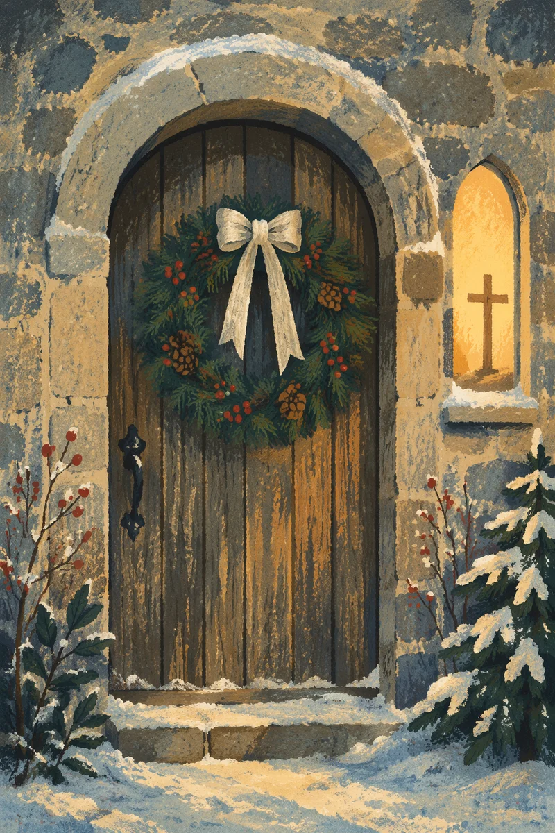 Christmas Wreath on Countryside Chapel Door