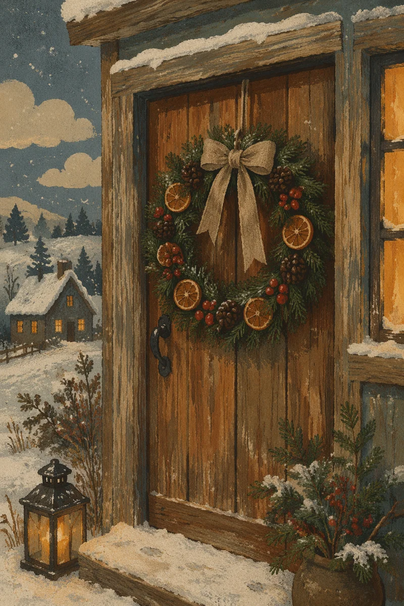 Rustic Christmas Wreath on Wooden Door