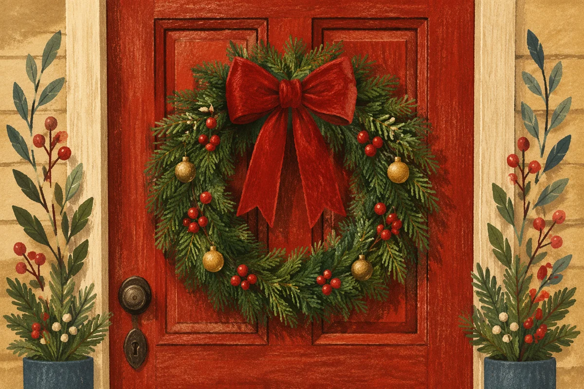 Christmas Wreath on Red Wooden Door