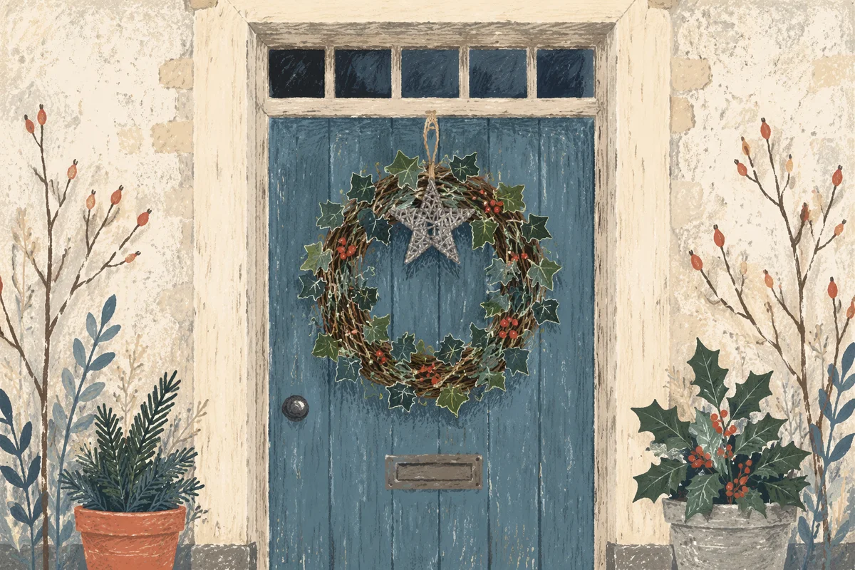 Rustic Christmas Wreath on Blue Wooden Door