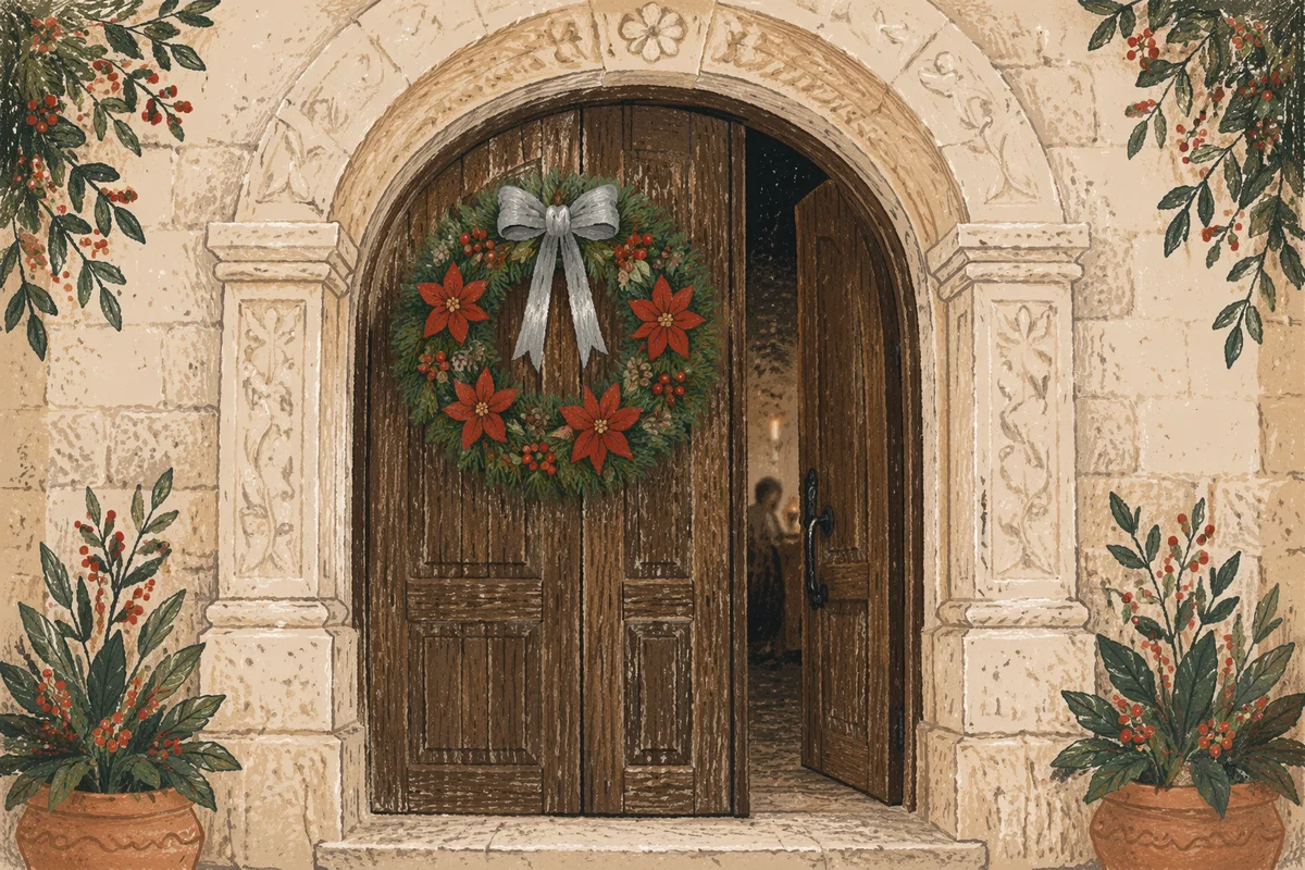 Christmas Wreath on Rustic Wooden Door