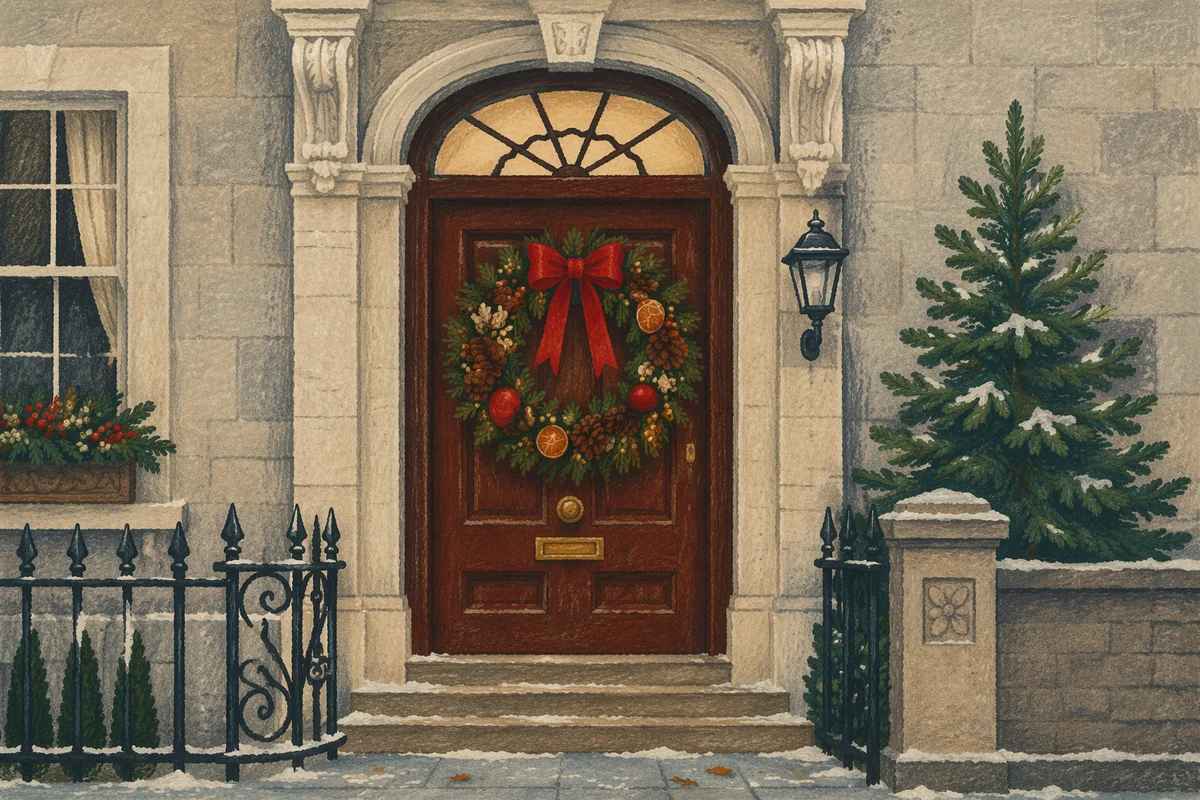Christmas Wreath on Classic Wooden Door