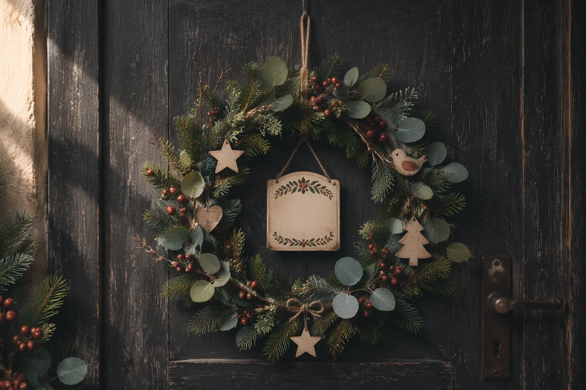 Rustic Christmas Wreath on Weathered Wooden Door