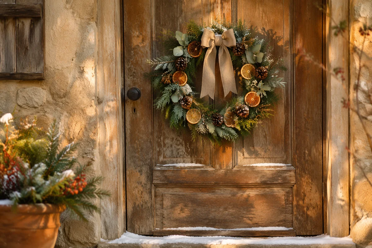 Rustic Christmas Wreath on Wooden Door