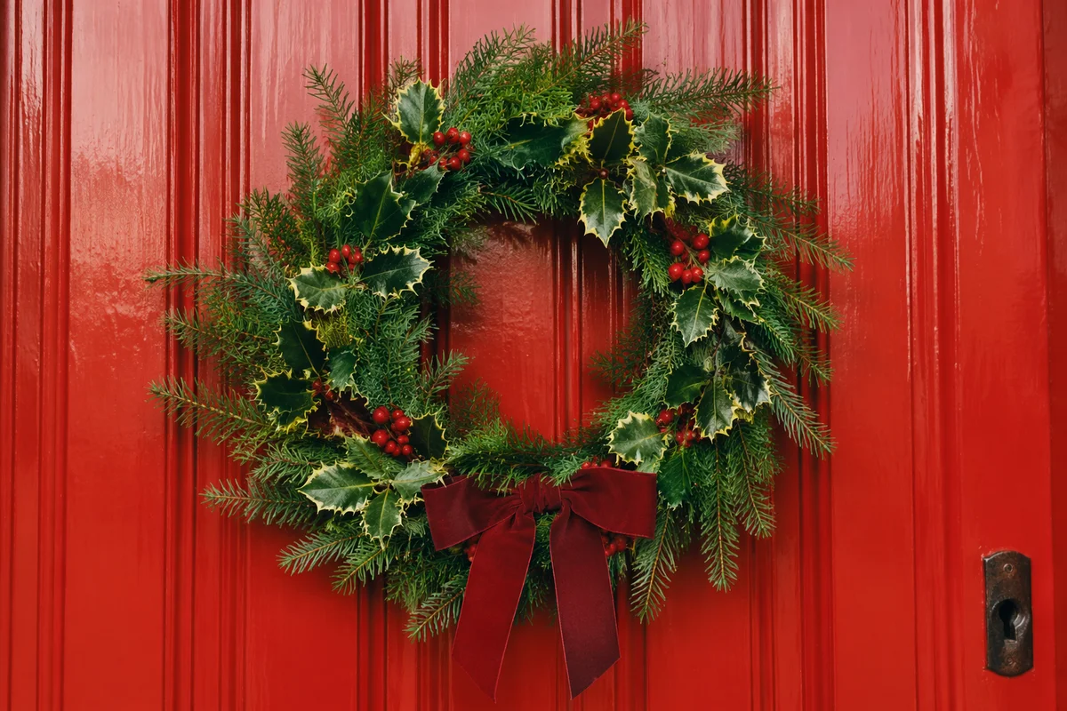 Handmade Christmas Wreath on Red Door