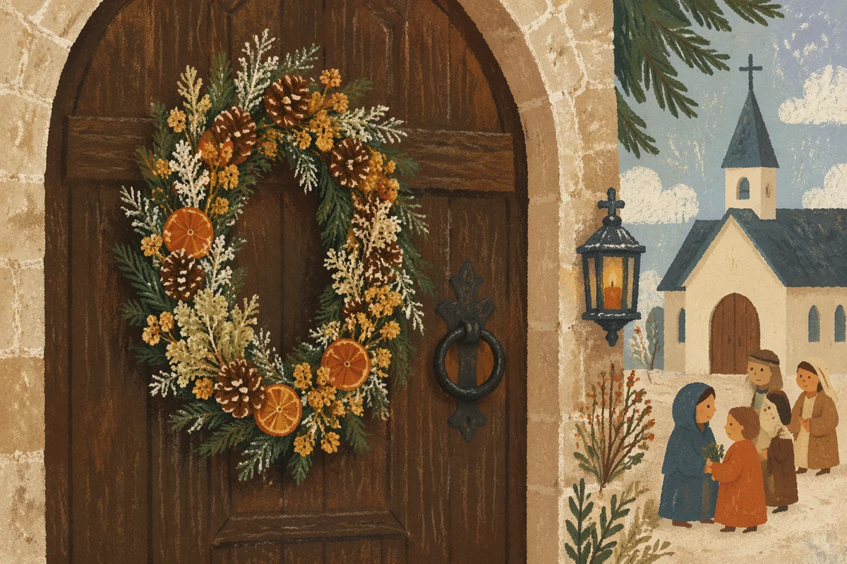 Christmas Wreath on Rustic Chapel Door