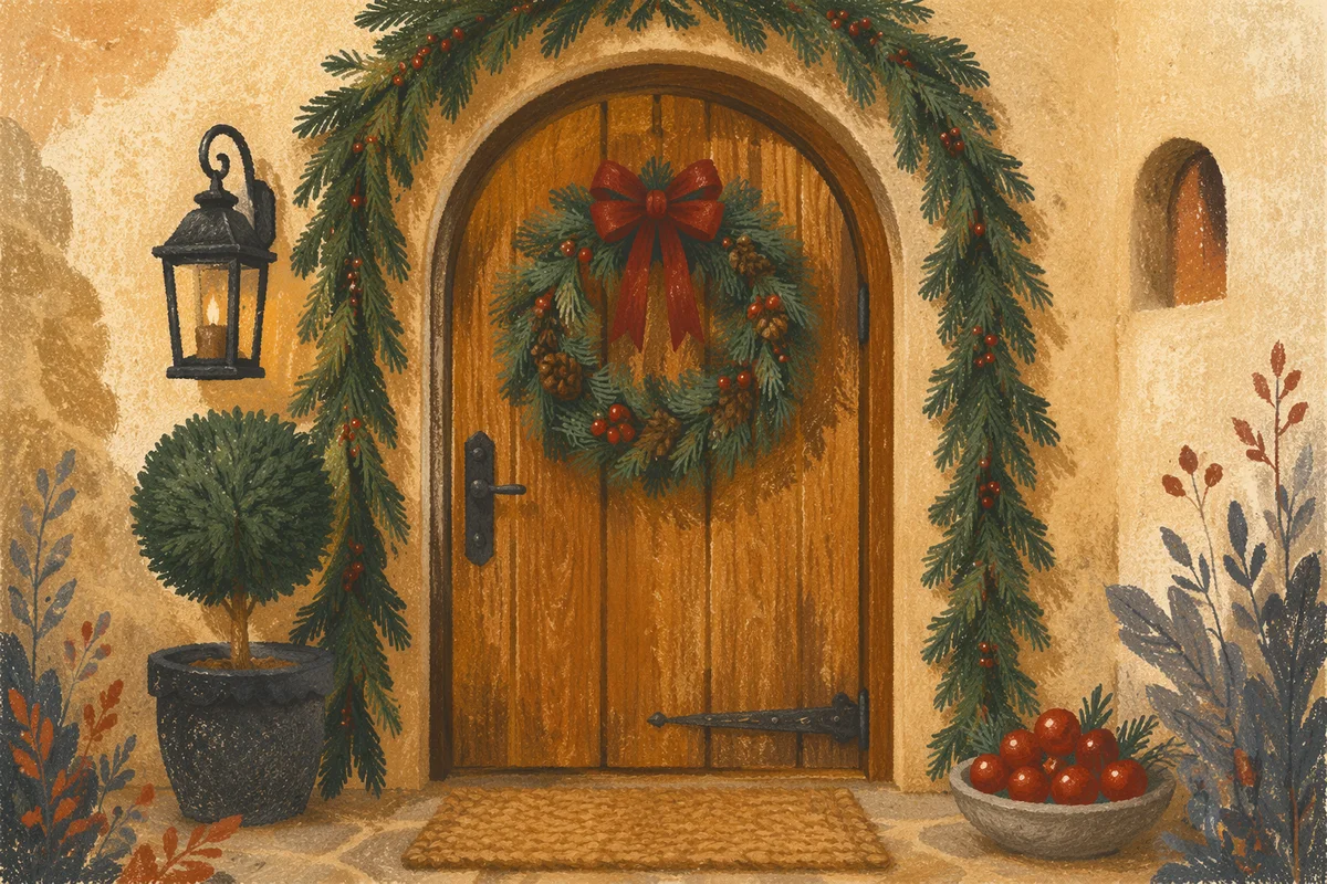 Rustic Christmas Wreath on Arched Wooden Door