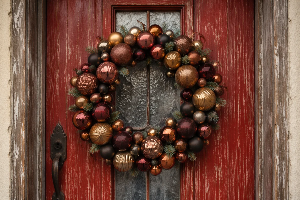 Christmas Bauble Wreath on Rustic Red Door