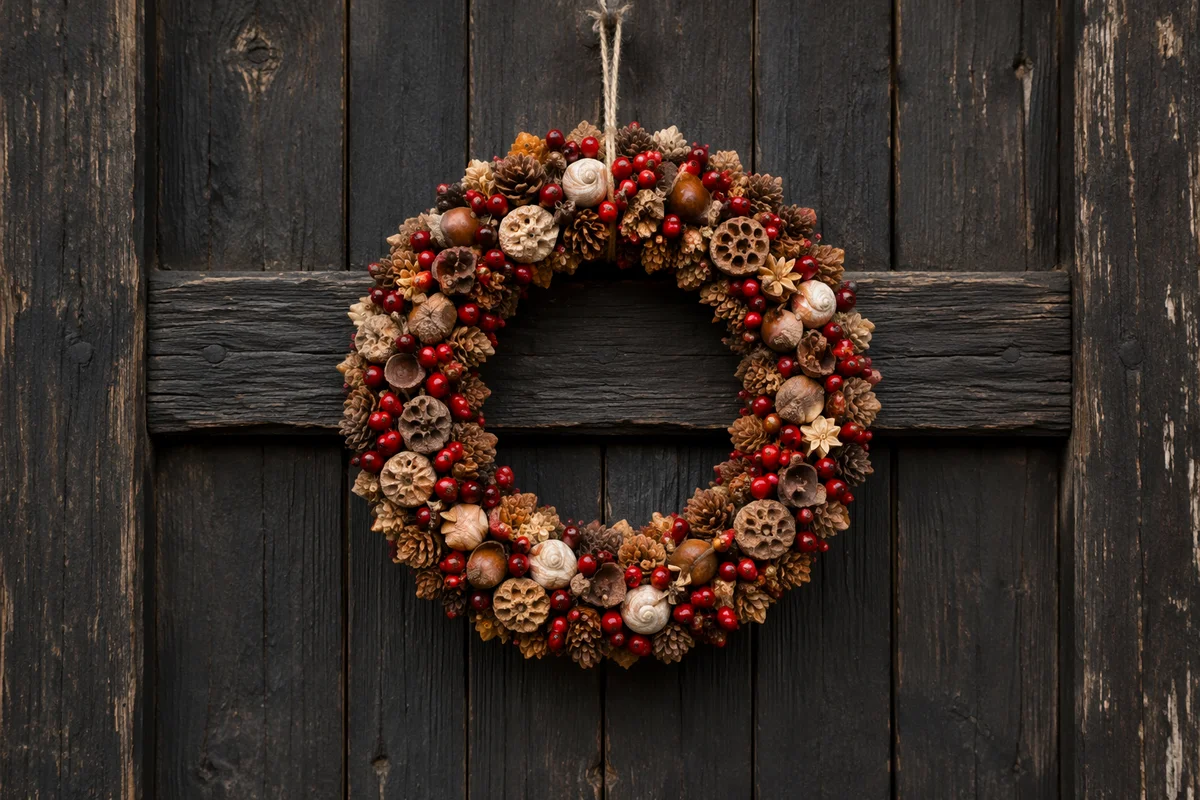 Rustic Christmas Wreath on Weathered Wooden Door