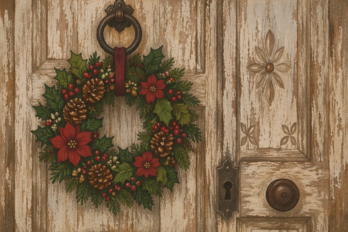 Rustic Christmas Wreath on Weathered Wooden Door