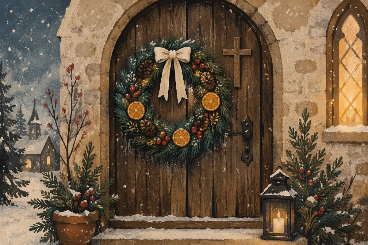 Christmas Wreath on Weathered Chapel Door