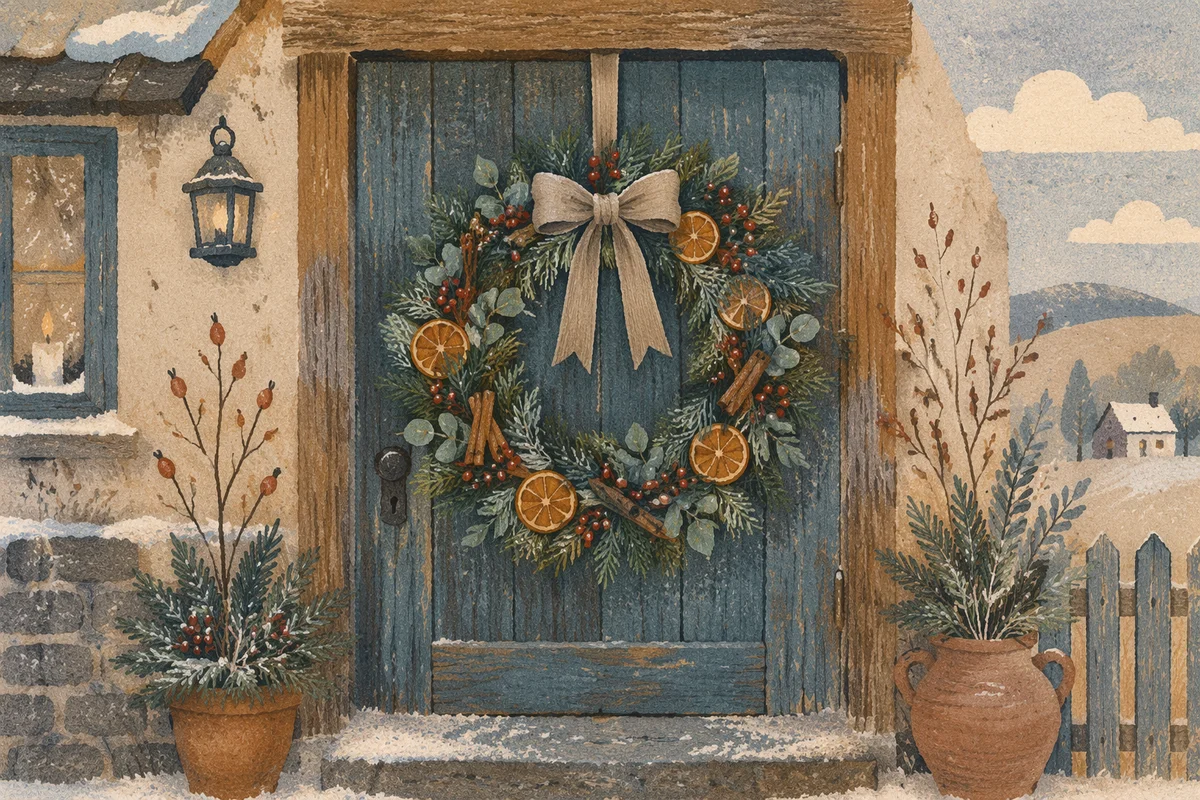 Handmade Christmas Wreath on Rustic Door
