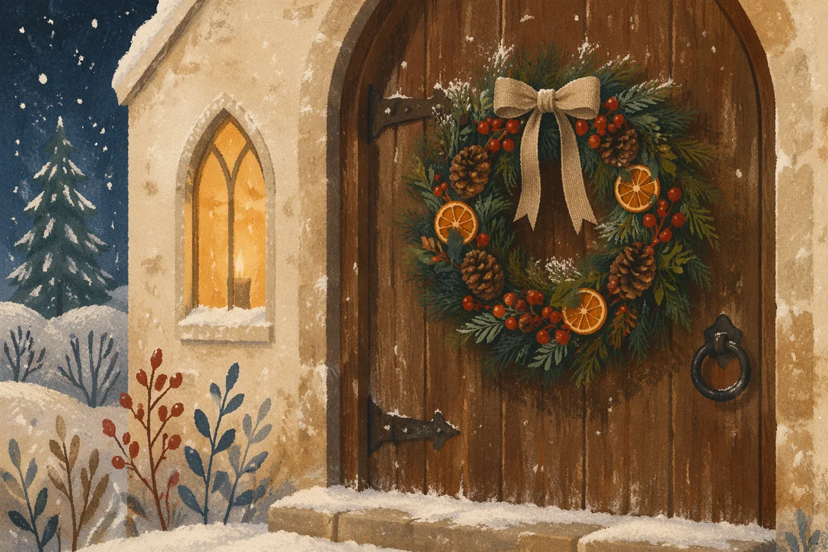 Christmas Wreath on Rustic Chapel Door